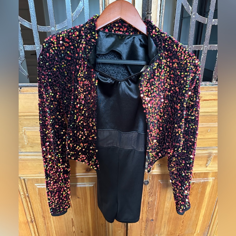 Revolution dancewear sequins jacket and leotard costume.